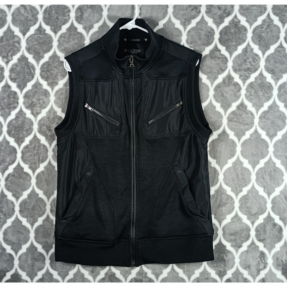 Guess Vest Mens Medium Black Zip Front Mesh Panels Zip Chest Pockets Mock Neck - Picture 1 of 8